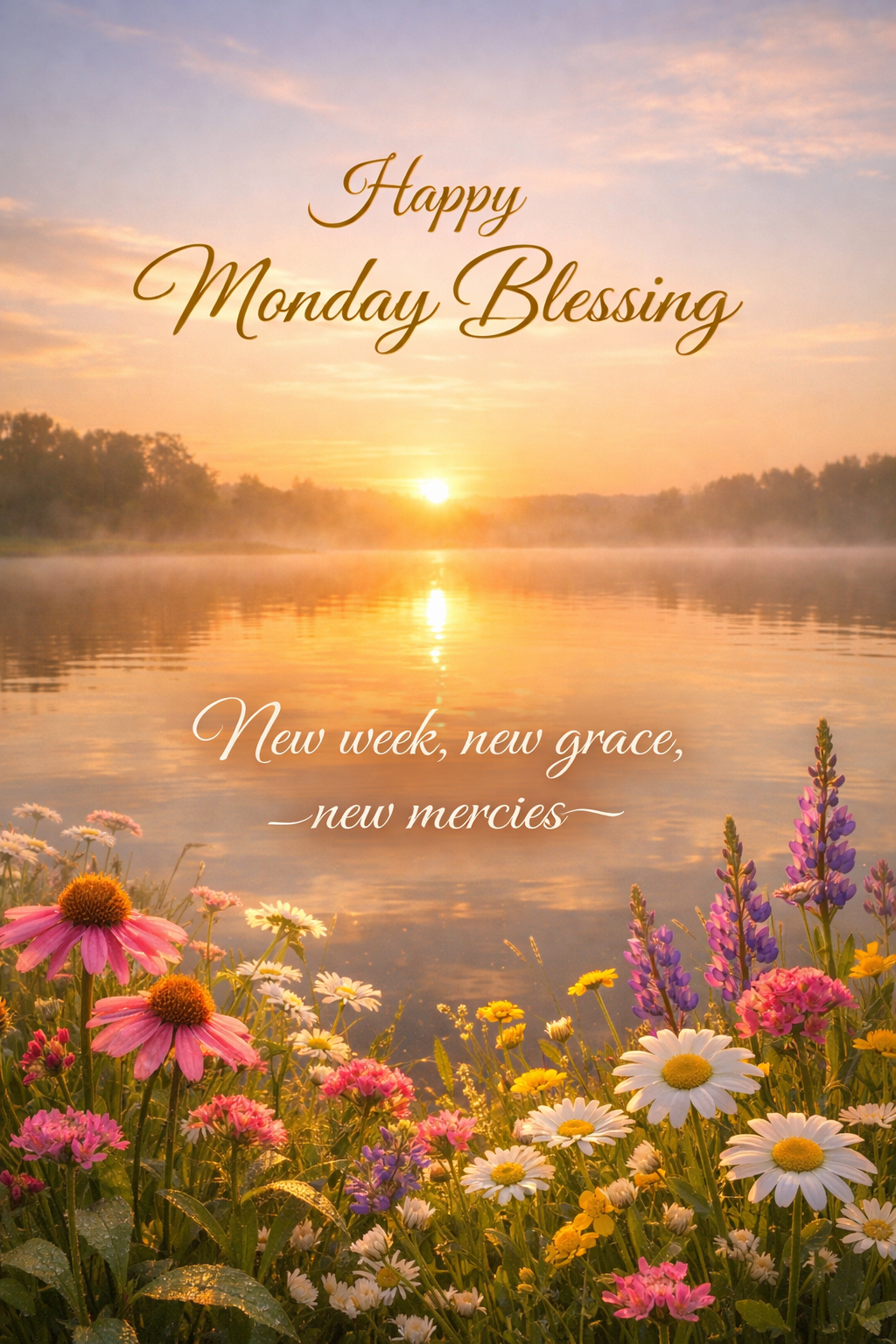 Fresh sunrise over a calm lake with wildflowers in the foreground, "Happy Monday Blessing — New week, new grace, new mercies" in gold — vertical WhatsApp blessing